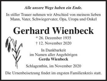 Traueranzeige von Gerhard Wienbeck  von Magdeburger Volksstimme