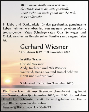 Traueranzeige von Gerhard Wiesner  von Magdeburger Volksstimme