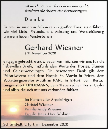 Traueranzeige von Gerhard Wiesner  von Magdeburger Volksstimme