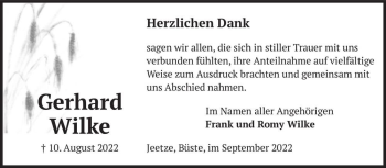 Traueranzeige von Gerhard Wilke  von Magdeburger Volksstimme