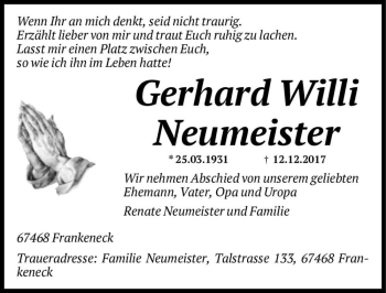 Traueranzeige von Gerhard Willi Neumeister  von Magdeburger Volksstimme