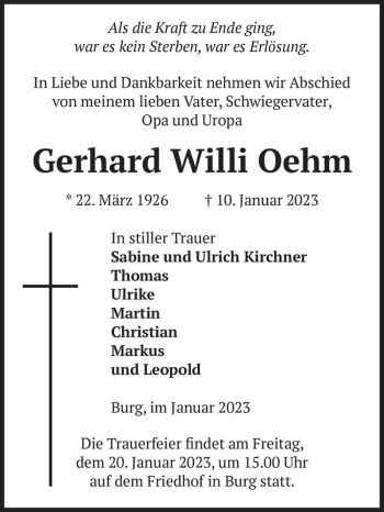Traueranzeige von Gerhard Willi Oehm  von Magdeburger Volksstimme
