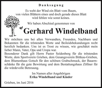 Traueranzeige von Gerhard Windelband  von Magdeburger Volksstimme