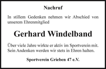 Traueranzeige von Gerhard Windelband  von Magdeburger Volksstimme