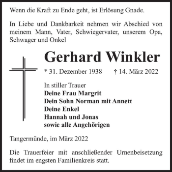 Traueranzeige von Gerhard Winkler  von Magdeburger Volksstimme