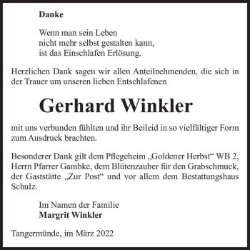 Traueranzeige von Gerhard Winkler  von Magdeburger Volksstimme