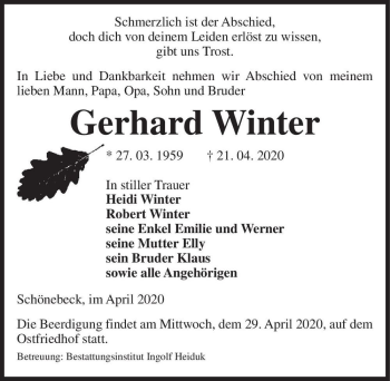 Traueranzeige von Gerhard Winter  von Magdeburger Volksstimme