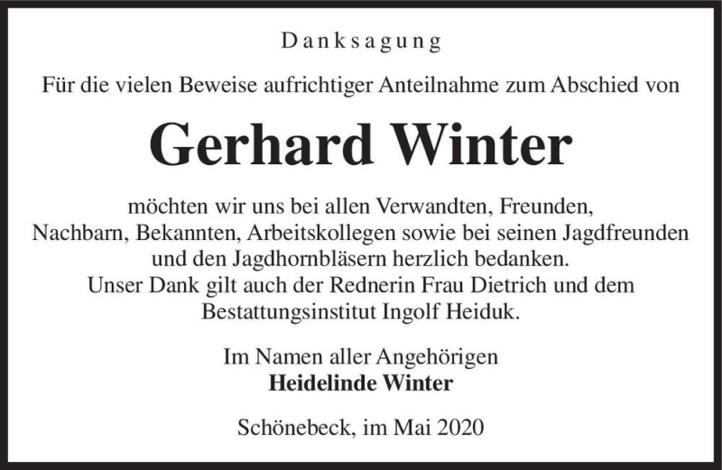  Traueranzeige für Gerhard Winter  vom 16.05.2020 aus Magdeburger Volksstimme