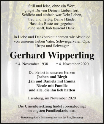 Traueranzeige von Gerhard Wipperling  von Magdeburger Volksstimme