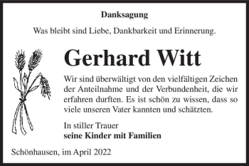 Traueranzeige von Gerhard Witt  von Magdeburger Volksstimme