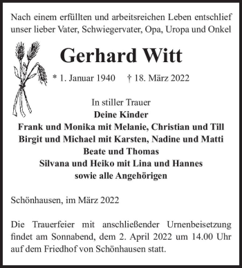 Traueranzeige von Gerhard Witt  von Magdeburger Volksstimme