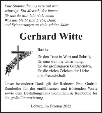Traueranzeige von Gerhard Witte  von Magdeburger Volksstimme