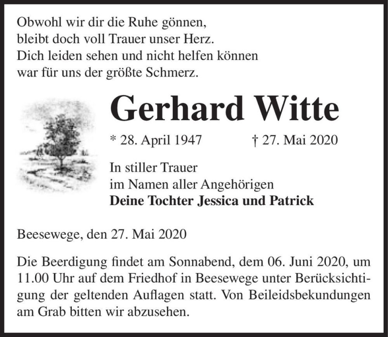  Traueranzeige für Gerhard Witte  vom 30.05.2020 aus Magdeburger Volksstimme