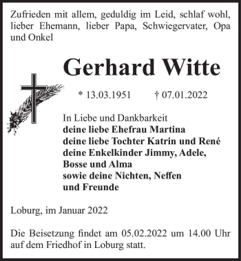 Traueranzeige von Gerhard Witte  von Magdeburger Volksstimme