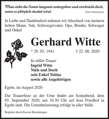Traueranzeige von Gerhard Witte  von Magdeburger Volksstimme
