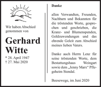 Traueranzeige von Gerhard Witte  von Magdeburger Volksstimme