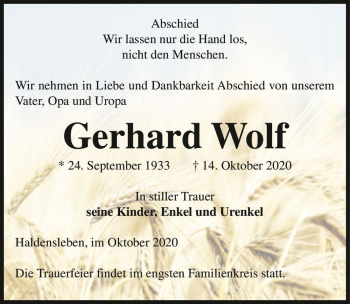 Traueranzeige von Gerhard Wolf  von Magdeburger Volksstimme