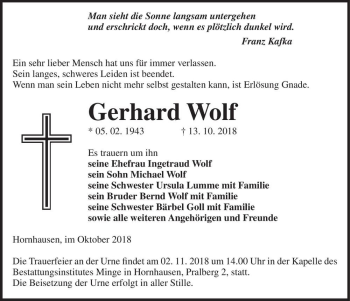 Traueranzeige von Gerhard Wolf  von Magdeburger Volksstimme