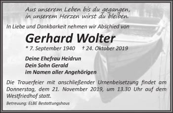 Traueranzeige von Gerhard Wolter  von Magdeburger Volksstimme