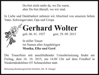 Traueranzeige von Gerhard Wolter  von Magdeburger Volksstimme