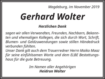 Traueranzeige von Gerhard Wolter  von Magdeburger Volksstimme