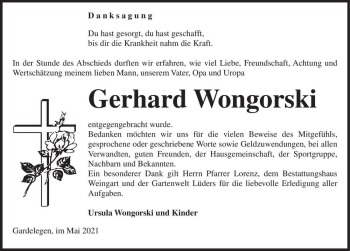 Traueranzeige von Gerhard Wongorski  von Magdeburger Volksstimme