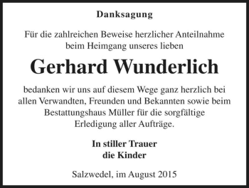 Traueranzeige von Gerhard Wunderlich  von Magdeburger Volksstimme