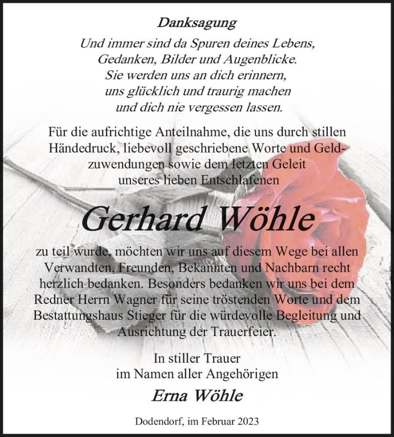  Traueranzeige für Gerhard Wöhle  vom 18.02.2023 aus Magdeburger Volksstimme