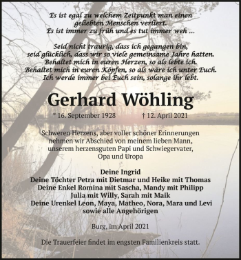 Traueranzeige von Gerhard Wöhling  von Magdeburger Volksstimme