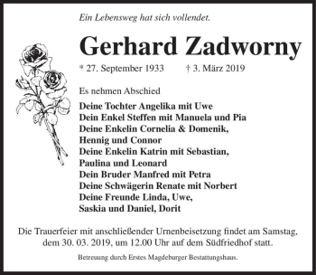 Traueranzeige von Gerhard Zadworny  von Magdeburger Volksstimme