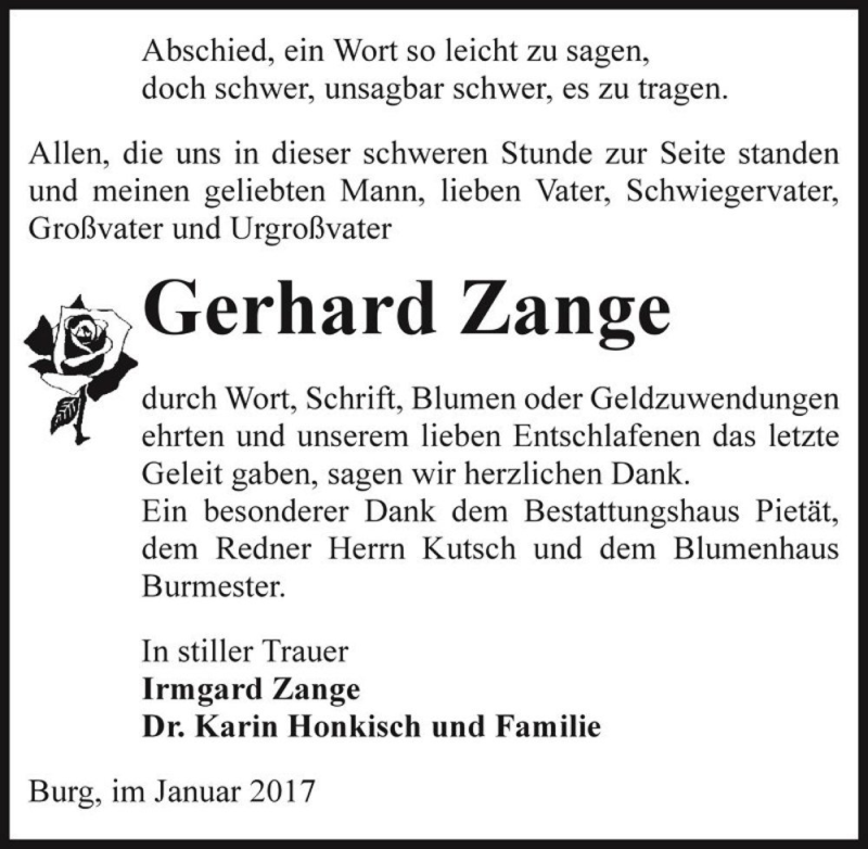  Traueranzeige für Gerhard Zange  vom 14.01.2017 aus Magdeburger Volksstimme