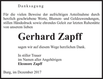 Traueranzeige von Gerhard Zapff  von Magdeburger Volksstimme