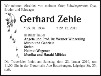 Traueranzeige von Gerhard Zehle  von Magdeburger Volksstimme