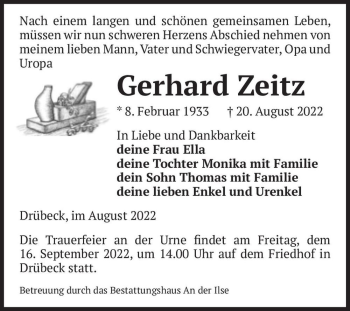 Traueranzeige von Gerhard Zeitz  von Magdeburger Volksstimme
