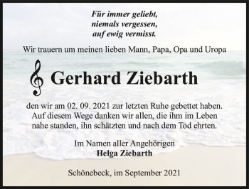 Traueranzeige von Gerhard Ziebarth  von Magdeburger Volksstimme