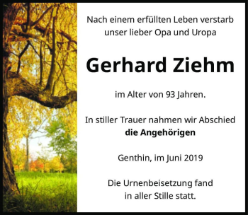 Traueranzeige von Gerhard Ziehm  von Magdeburger Volksstimme