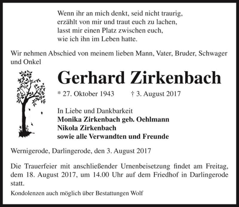  Traueranzeige für Gerhard Zirkenbach  vom 09.08.2017 aus Magdeburger Volksstimme