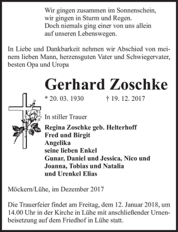 Traueranzeige von Gerhard Zoschke  von Magdeburger Volksstimme