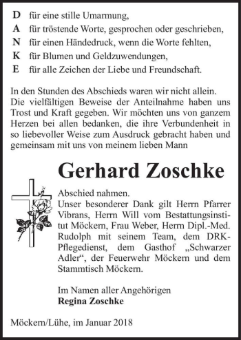 Traueranzeige von Gerhard Zoschke  von Magdeburger Volksstimme