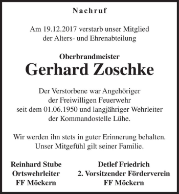 Traueranzeige von Gerhard Zoschke  von Magdeburger Volksstimme