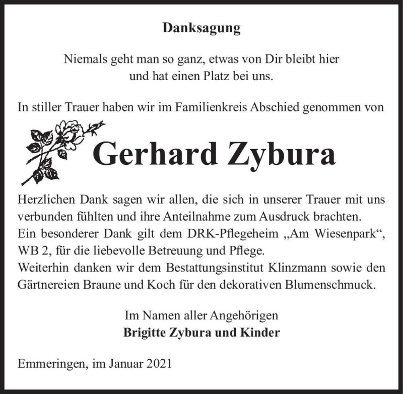  Traueranzeige für Gerhard Zybura  vom 30.01.2021 aus Magdeburger Volksstimme