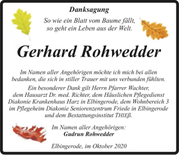 Traueranzeige von Gerhardr Rohwedder  von Magdeburger Volksstimme