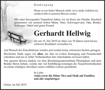 Traueranzeige von Gerhardt Hellwig  von Magdeburger Volksstimme
