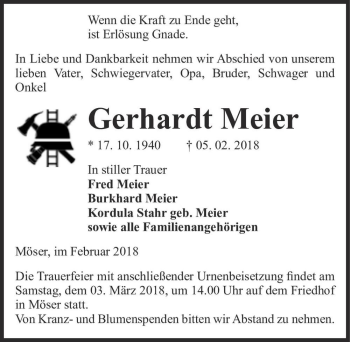 Traueranzeige von Gerhardt Meier  von Magdeburger Volksstimme
