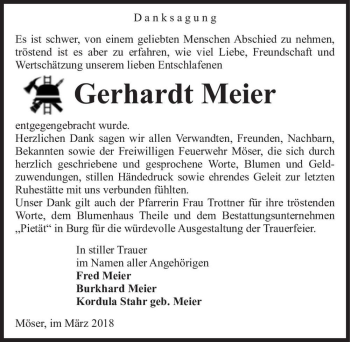 Traueranzeige von Gerhardt Meier  von Magdeburger Volksstimme