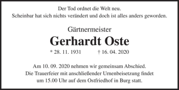 Traueranzeige von Gerhardt Oste  von Magdeburger Volksstimme
