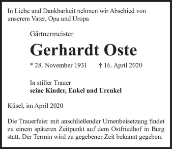 Traueranzeige von Gerhardt Oste  von Magdeburger Volksstimme