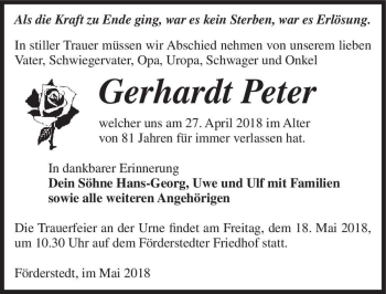 Traueranzeige von Gerhardt Peter  von Magdeburger Volksstimme
