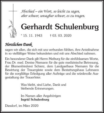 Traueranzeige von Gerhardt Schulenburg  von Magdeburger Volksstimme