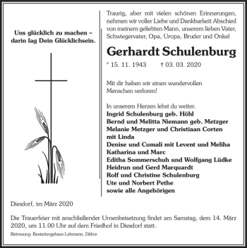 Traueranzeige von Gerhardt Schulenburg  von Magdeburger Volksstimme